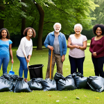 ** A diverse group of people of all ages smiling and working together in a park cleanup, with visible connections and camaraderie. Focus on the positive emotions and impact on the environment.

**