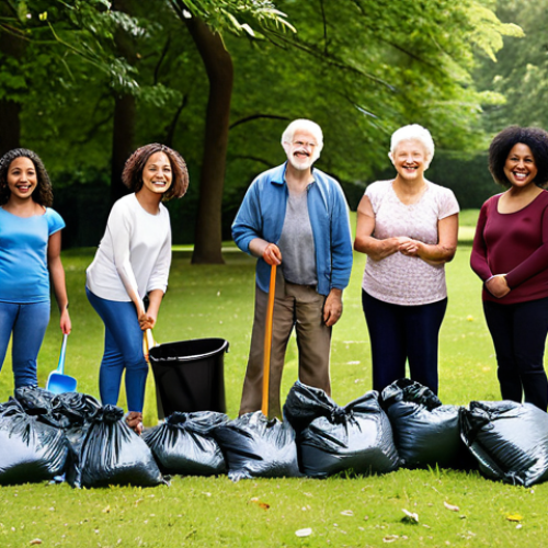 Home 14 ** A diverse group of people of all ages smiling and working together in a park cleanup, with visible connections and camaraderie. Focus on the positive emotions and impact on the environment.
**