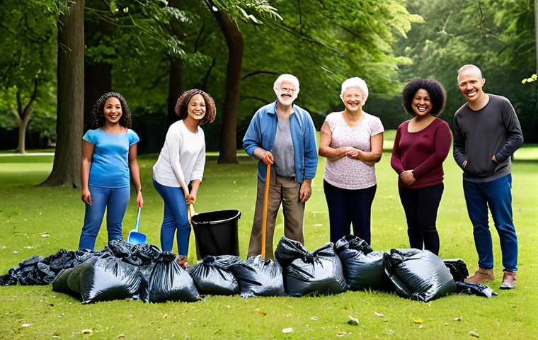 ** A diverse group of people of all ages smiling and working together in a park cleanup, with visible connections and camaraderie. Focus on the positive emotions and impact on the environment.

**
