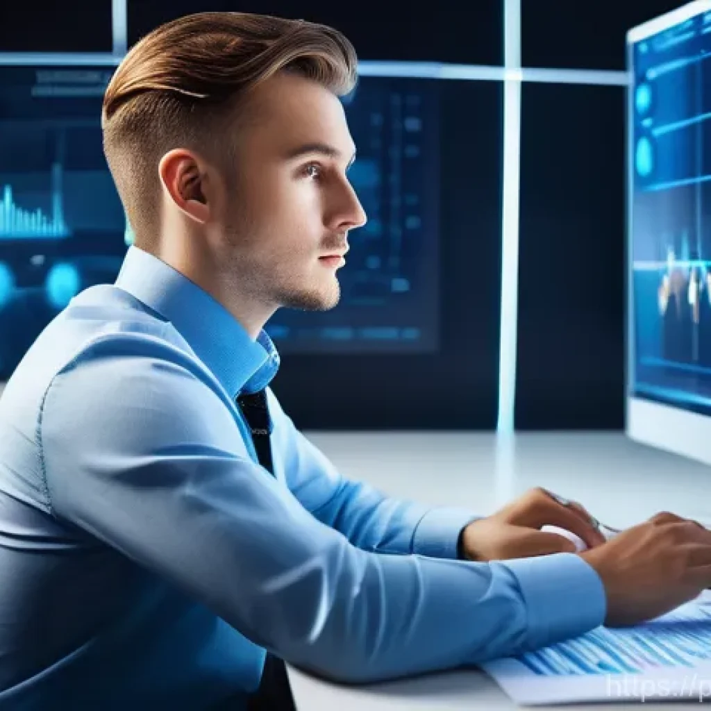 소셜 미디어 분석을 통한 커뮤니티 성장 전략 - A focused and determined young adult, looking like a Polish entrepreneur, sits at a modern, clean de...