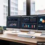 커뮤니티 성장에 필요한 예산 관리하기 - A detailed professional digital marketing workspace showing a modern office desk with dual monitors ...