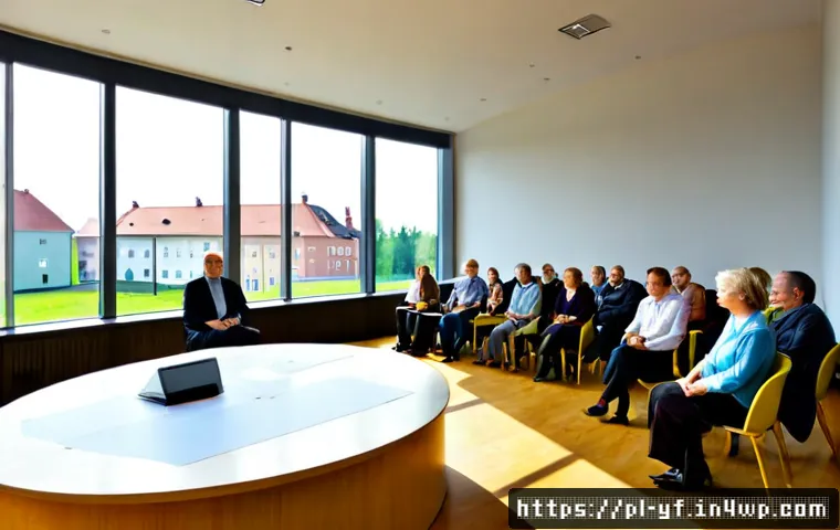 Home 30 커뮤니티의 신뢰 구축을 위한 투명한 운영 - Photorealistic community town hall in a modern Polish civic center, diverse adult residents seated i...